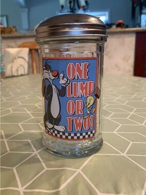 Looney Tunes 'One Lump or Two?' Glass Sugar Dispenser Silver Lid Vintage